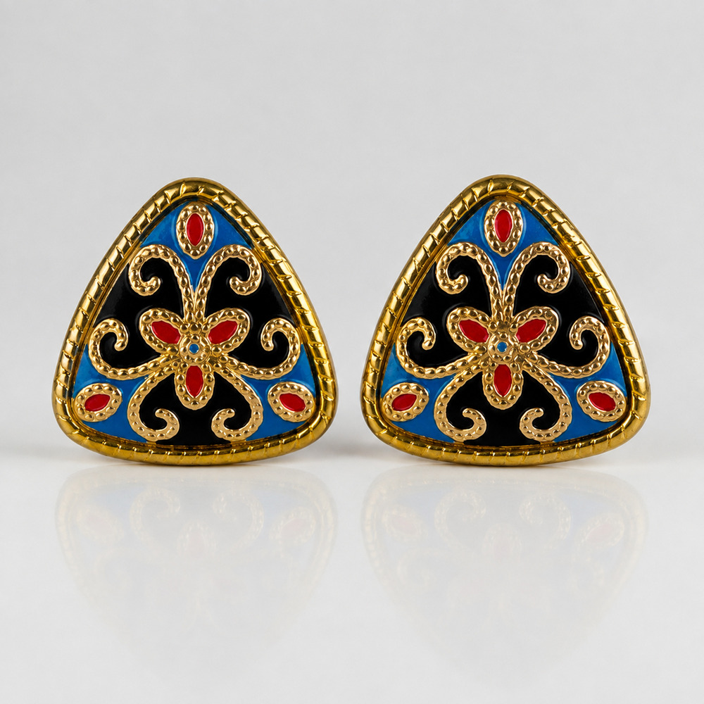 Vintage Cloisonné Style Enamel Triangle Earrings Blue Red Black Gold Tone 1"